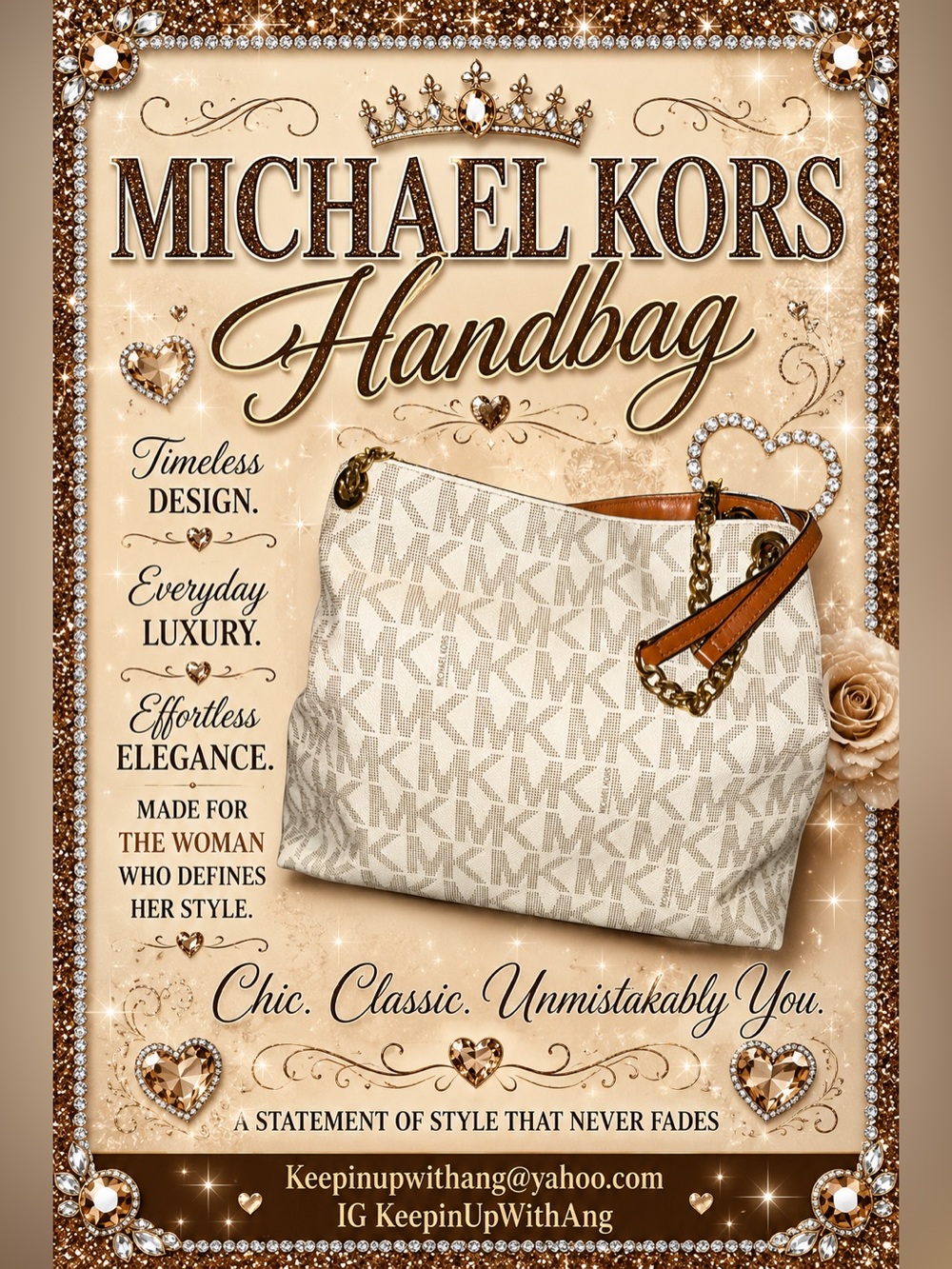 Michael Kors Cream Monogram Shoulder Bag with Tan Trim and Gold Chain